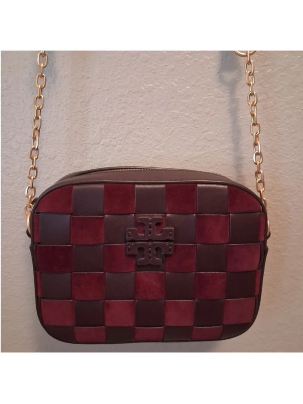 Tory Burch Burgundy and Brown Woven Leather Crossbody with Tassel